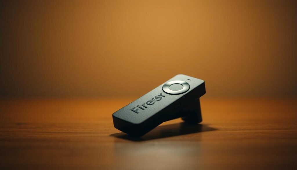 A close-up view of a Firestick device in a dimly lit setting, its sleek black body prominently displayed. The device is positioned on a wooden surface, with a neutral-toned background providing a clean, uncluttered composition. Soft, warm lighting illuminates the Firestick, highlighting its clean lines and compact design. The scene conveys a sense of technical focus and preparation, setting the stage for the installation process described in the article. The image should provide a clear, detailed representation of the Firestick device, allowing the reader to visualize the necessary hardware for the IPTV installation.