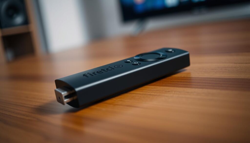 A detailed closeup of an Amazon Firestick device resting on a wooden table, with a well-lit and sharply focused foreground. The Firestick is prominently displayed, showcasing its distinctive design and ports. The background is softly blurred, creating a clean and professional composition. The overall mood is one of clarity and technical focus, suitable for illustrating the installation of a downloadable app on the Firestick device.