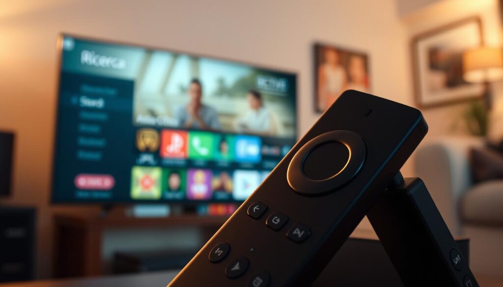 A detailed, high-resolution image of the Amazon Fire Stick app store interface, showcasing the "Ricerca" (Search) option. The Firestick device is prominently displayed in the foreground, captured from a slightly elevated angle to highlight the sleek device design. The app store UI occupies the middle ground, with crisp, legible icons and menus. The background features a softly blurred, warm-toned living room setting, conveying a cozy, domestic ambiance. The overall composition emphasizes the ease of navigating the Firestick's app ecosystem, setting the stage for the IPTV Smarters installation process.