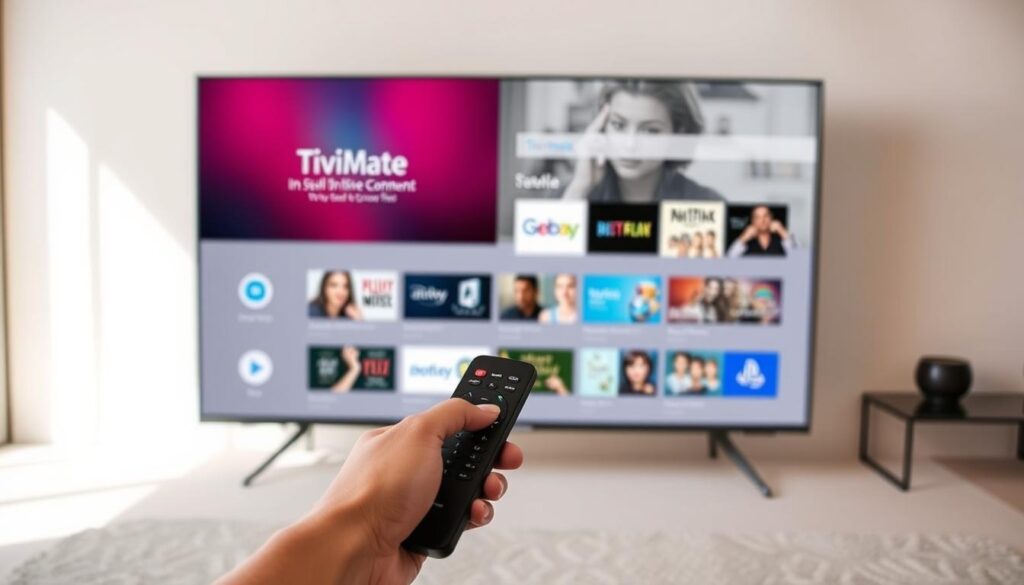 A detailed step-by-step installation process for TiviMate on a smart TV. In the foreground, a TV screen displays the TiviMate app interface, its intuitive navigation, and various content options. In the middle ground, hands carefully operate a TV remote, guiding the user through the installation steps. The background features a minimalist, modern living room setting with clean lines and neutral tones, creating a calm, focused atmosphere. Soft, directional lighting illuminates the scene, highlighting the TV and remote control. The overall composition conveys a sense of seamless integration and user-friendly experience in setting up TiviMate on a smart TV.