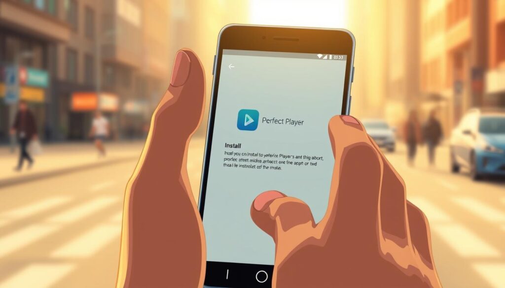 A detailed step-by-step procedural illustration of installing the Perfect Player app on an Android smartphone. The foreground shows the user's hands interacting with the phone's screen, guiding them through the installation process. The middle ground depicts the Android interface with the Perfect Player app icon and installation prompts. The background features a blurred, muted cityscape to establish a mobile, on-the-go context. The lighting is soft and natural, with warm tones creating a friendly, helpful atmosphere. The camera angle is slightly elevated to provide an instructive, over-the-shoulder perspective, making the process appear clear and accessible.