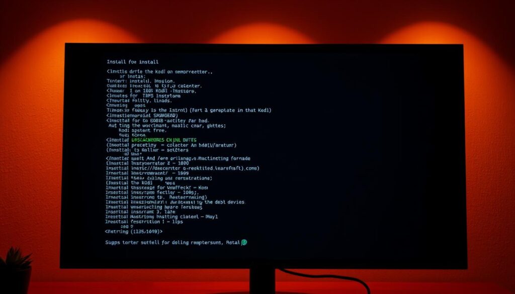 A dimly lit Linux terminal interface, with a focal point on the installation process of the Kodi media center software. The screen displays a series of command prompts and system messages, guiding the user through the step-by-step installation. The lighting is soft and atmospheric, with warm tones and shadows creating a sense of depth and focus. The camera angle is slightly elevated, providing a sense of immersion and control over the technical process. The overall mood is one of concentration and technical exploration, reflecting the subject matter of installing Kodi on a Linux system.