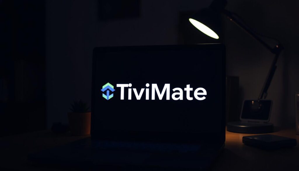 A dimly lit home office workspace, with a laptop screen prominently displaying the TiviMate logo. The laptop is placed on a simple, wooden desk, with a few minimal decor items like a potted plant and a stylish desk lamp casting a warm, focused light on the screen. The background is slightly blurred, suggesting a cozy, personal environment. The overall mood is one of productivity and concentration, conveying the idea of installing TiviMate on a Linux system.
