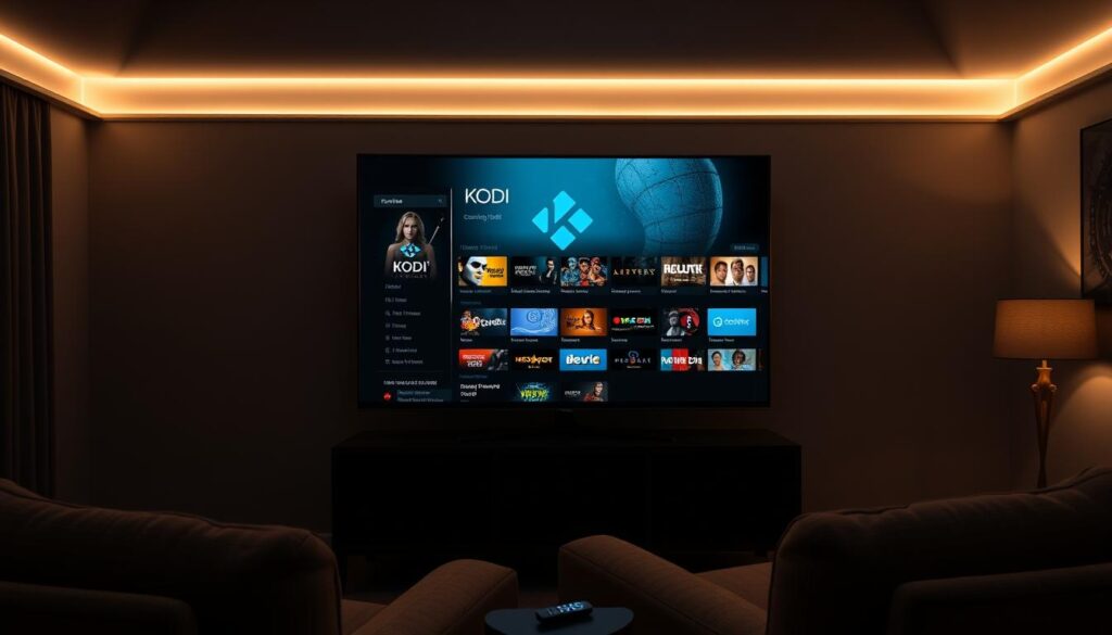 A dimly lit living room setting, with a large flatscreen TV dominating the center of the frame. On the TV screen, the Kodi media player interface is prominently displayed, its intuitive layout and colorful icons inviting the viewer to explore its vast library of streaming content. In the foreground, a cozy armchair and a side table with a remote control suggest a comfortable, immersive viewing experience. The room is illuminated by a soft, warm lighting, creating a welcoming and relaxed atmosphere. The overall scene conveys the ease and convenience of using Kodi for seamless streaming on a Firestick device.