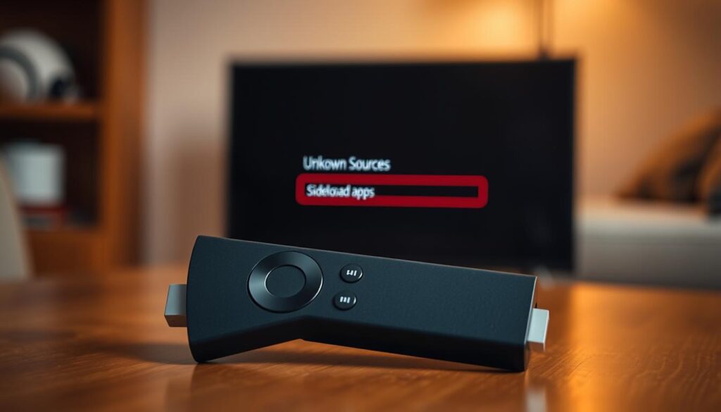 A firestick device prominently displayed, its screen showing the "Unknown Sources" setting, indicating its preparedness for sideloaded app installation. The firestick is placed on a wooden surface, with a subtle blurred background hinting at a cozy, home environment. The lighting is warm and inviting, creating a sense of comfort and readiness for the installation process. The overall composition conveys the idea of preparing the firestick for a specific task, in this case, the installation of the TiviMate application.