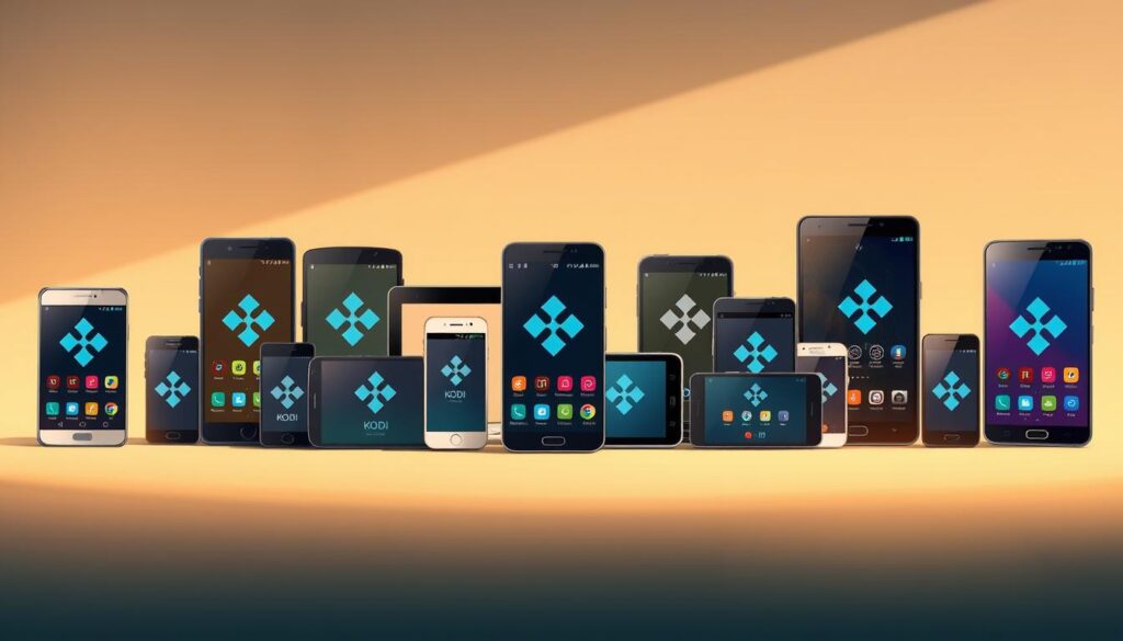 A high-resolution, detailed illustration showcasing various versions of the Kodi media player for the Android platform. The foreground prominently displays a diverse selection of Android smartphones and tablets, each running a distinct Kodi release. The middle ground features a clean, minimalist background, allowing the devices to take center stage. Warm, natural lighting casts subtle shadows, accentuating the textures and materials of the electronics. The overall mood is one of technological sophistication and clarity, reflecting the versatility and cross-platform compatibility of the Kodi software ecosystem.