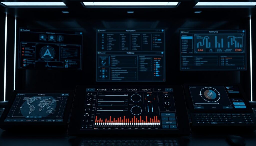 A high-tech control panel with a sleek, modern interface. In the foreground, a central display shows advanced configuration options for an IPTV decoder, with sliders, toggles, and intricate visualizations. The middle ground features additional windows and panels, offering detailed settings for network, media, and playback control. The background is dimly lit, creating a serious, technical atmosphere, with subtle lighting casting a soft glow on the various components. The overall scene conveys a sense of precision, power, and the ability to fine-tune an IPTV system for optimal performance.