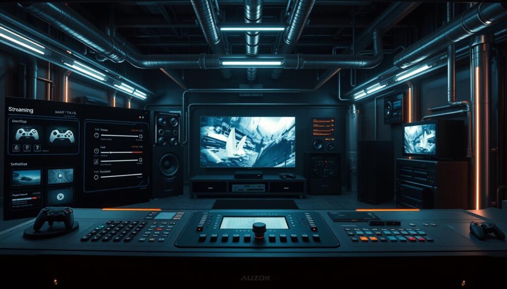 A high-tech, futuristic control panel with a sleek, minimalist design. The foreground features a large, high-resolution display showing various streaming settings and options, with clean, intuitive controls and sliders. The middle ground showcases an array of connected devices, including a smart TV, game console, and media streaming box, all linked together seamlessly. The background is a dimly lit, industrial-style room with exposed pipes and metal surfaces, creating a sense of advanced technology and customization. Soft, cool lighting illuminates the scene, giving it a professional, high-end ambiance. The overall atmosphere conveys a sense of power, precision, and the ability to fine-tune every aspect of the streaming experience.