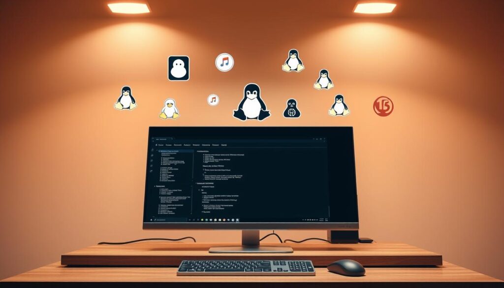 A modern, minimalist Linux workstation setup with clean lines and sleek aesthetics. In the foreground, a minimalist desktop computer with a slim, silver chassis sits on a simple, wooden desk. Atop the desk, a high-resolution monitor displays system information and statistics, with a wireless keyboard and mouse nearby. In the middle ground, various Linux-themed icons and logos float in the air, representing the core requirements for streaming on the platform. The background features a subtle, gradient-based backdrop, creating a sense of depth and emphasizing the technical nature of the scene. Warm, diffused lighting from above illuminates the setup, giving it a professional, studio-like ambiance.