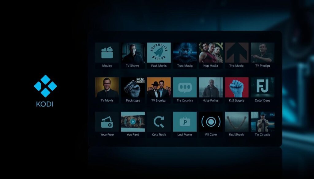 A modern, minimalist user interface for the Kodi media center software, featuring a clean, grid-based layout with large, high-resolution icons for various media categories such as movies, TV shows, music, and more. The interface should have a sleek, contemporary aesthetic with a dark color scheme and subtle lighting effects, creating a cinematic atmosphere. The foreground should display the main navigation elements, while the background should showcase a blurred, out-of-focus visual representation of the media content, hinting at the rich multimedia experience Kodi offers. The overall composition should convey a sense of organization, efficiency, and ease of use, making it an appealing choice for smart TV users seeking a comprehensive media management solution.