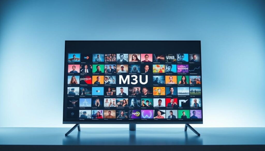 A neatly organized playlist interface, with a sleek, modern design. The screen displays a centered "M3U" title, surrounded by a grid of colorful playlist thumbnails. The thumbnails have a subtle drop shadow, creating depth. The background is a soothing gradient, transitioning from a soft blue to a light gray. Indirect lighting casts a gentle glow, creating a professional, polished atmosphere. The camera angle is slightly elevated, providing an optimal, unobstructed view of the playlist layout. The entire scene conveys a sense of clarity and user-friendliness, perfectly suited for an article on IPTV setup.