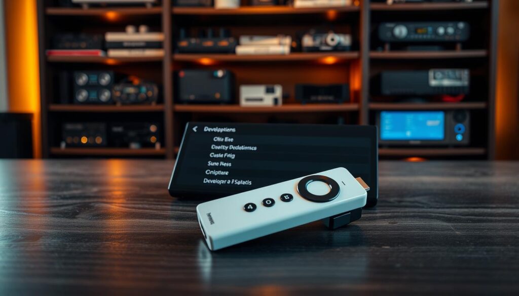 A pristine white Firestick remote control resting on a dark wooden table, the developer options menu open and ready to be explored. Warm, gentle lighting casts a soft glow, creating a contemplative atmosphere. The remote's sleek design and the menu's clean interface evoke a sense of technological preparedness. In the background, a blurred bookshelf filled with technical manuals and electronics adds depth and context, hinting at the user's technical expertise. The overall composition suggests a state of focused readiness, capturing the essence of the "Requisiti e Preparativi Iniziali" section.
