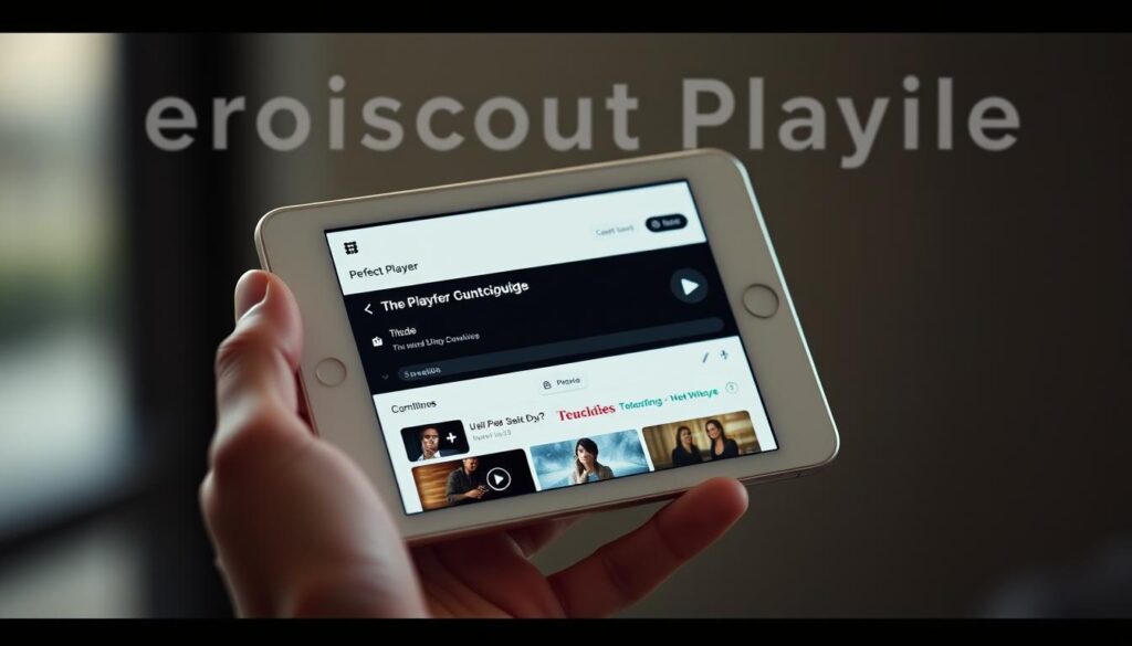 A professional-looking iOS device screen displaying the Perfect Player app interface, with a clean and intuitive user experience. The device is held in a natural hand grip, showcasing the app's sleek design and user-friendly layout. The screen is well-lit, with a soft, even lighting that highlights the app's features and functionality. The background is blurred, creating a sense of depth and focus on the device and the app. The overall mood is one of simplicity, efficiency, and ease of use, reflecting the app's purpose and the guide's subject matter.