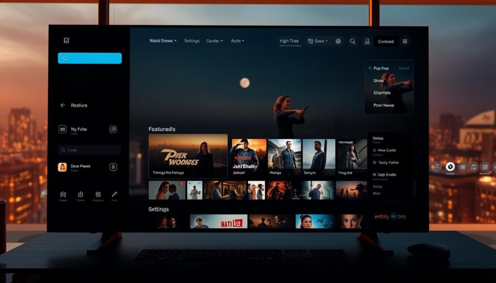 A richly detailed interface for a streaming platform, showcasing a sleek and customizable dashboard. In the foreground, various media tiles and control panels allow the user to effortlessly navigate content, adjust settings, and personalize their viewing experience. The middle ground features an elegant grid layout highlighting featured shows and movies, with subtle animations drawing the eye. The background depicts a softly blurred cityscape, suggesting a modern, urban atmosphere. Warm lighting casts a subtle glow, creating a sense of depth and atmosphere. The composition is balanced, with clean lines and a minimalist aesthetic that conveys a premium, high-tech feel.