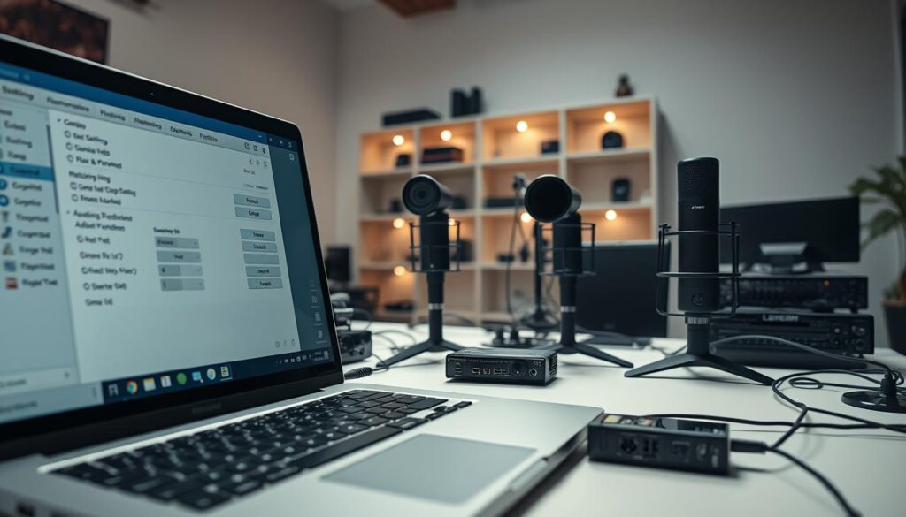 A sleek and modern Linux desktop setup, with a focus on the tools and configurations required for streaming. In the foreground, a laptop or desktop computer displays a system settings window, showcasing various networking and multimedia options. The middle ground features an array of high-quality microphones, webcams, and audio interfaces, hinting at a professional-grade streaming setup. The background depicts a minimalist, well-lit home office or studio environment, with subtle lighting accents and clean, organized shelving. The overall mood is one of efficiency, attention to detail, and a commitment to delivering high-quality streaming content.
