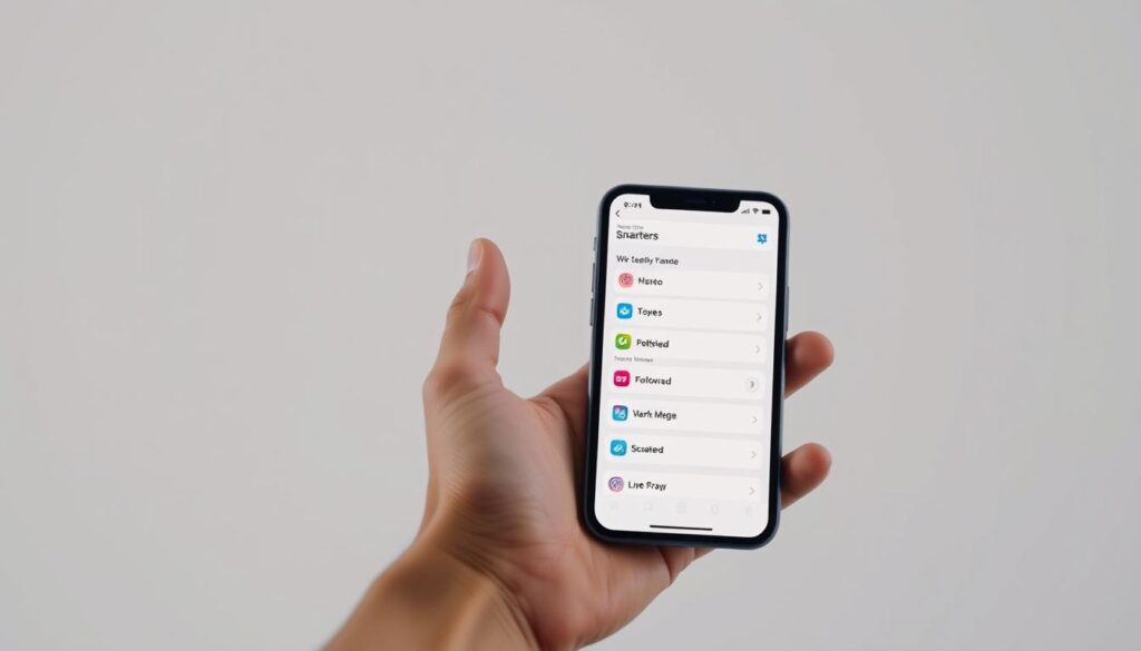 A sleek and modern user interface for the Smarters Pro app on an iOS device, displayed on the screen of an iPhone or iPad. The app's main menu is prominently featured, showcasing its intuitive layout and icons. The device is held in a hand, captured from a slightly elevated angle to provide a clean, professional-looking composition. The background is a plain, minimalist setting, allowing the app interface to be the focal point. Soft, diffused lighting creates a sense of depth and dimension, highlighting the app's clean design and visual appeal. The overall mood is one of simplicity, functionality, and a seamless iOS user experience.