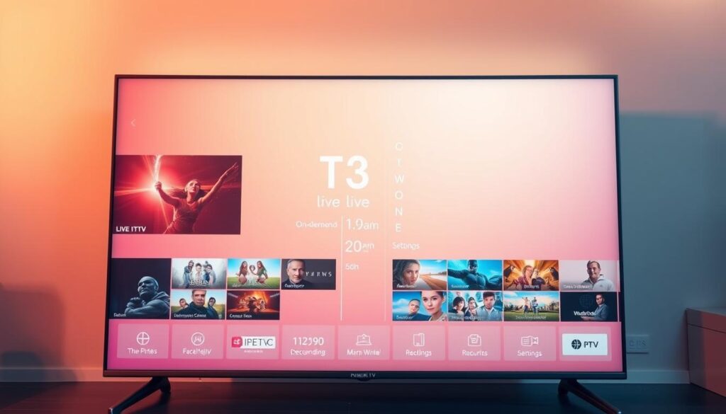 A sleek, modern IPTV user interface displayed on a widescreen TV. The foreground features a clean, minimalist layout with large, high-resolution thumbnails showcasing various TV channels and on-demand content. The middle ground includes a neatly organized menu system with intuitive icons and labels, allowing easy navigation between live TV, recordings, and settings. The background subtly incorporates a soft, gradient-based color scheme, creating a sense of depth and elegance. The overall scene is lit by a warm, ambient lighting that enhances the premium, high-tech aesthetic. The camera angle captures the interface at a slightly low, centered perspective, giving the impression of an immersive, user-friendly experience.