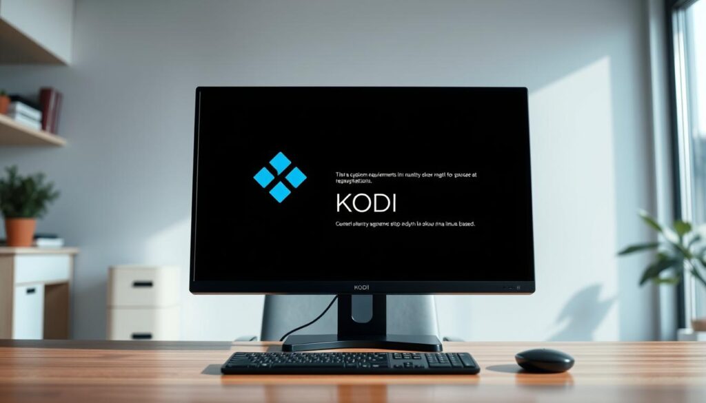 A sleek, modern computer screen displaying a clean, minimalist user interface with simple icons and clean typography, representing the Kodi media center software. The screen is set against a bright, well-lit home office environment, with a desk, chair, and other office accessories visible in the background, conveying a professional, productive atmosphere. The overall scene has a cool, technology-focused tone, with muted colors and a focus on the screen's content, emphasizing the system requirements and setup process for running Kodi on a Linux-based platform.