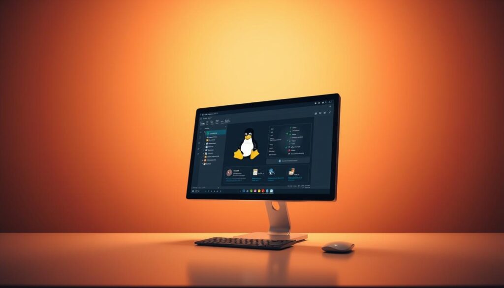 A sleek, modern desktop computer with a Linux distribution installed, displayed against a warm, minimalist background. The computer's screen shows a visual representation of system compatibility, with clean lines and a balanced color palette. The foreground is well-lit, with soft, directional lighting creating depth and highlighting the technical details. The middle ground features a neutral-toned workspace, suggesting a professional, research-oriented environment. The background is a subtle gradient, providing a calming, uncluttered setting to showcase the central focus on Linux distribution compatibility.