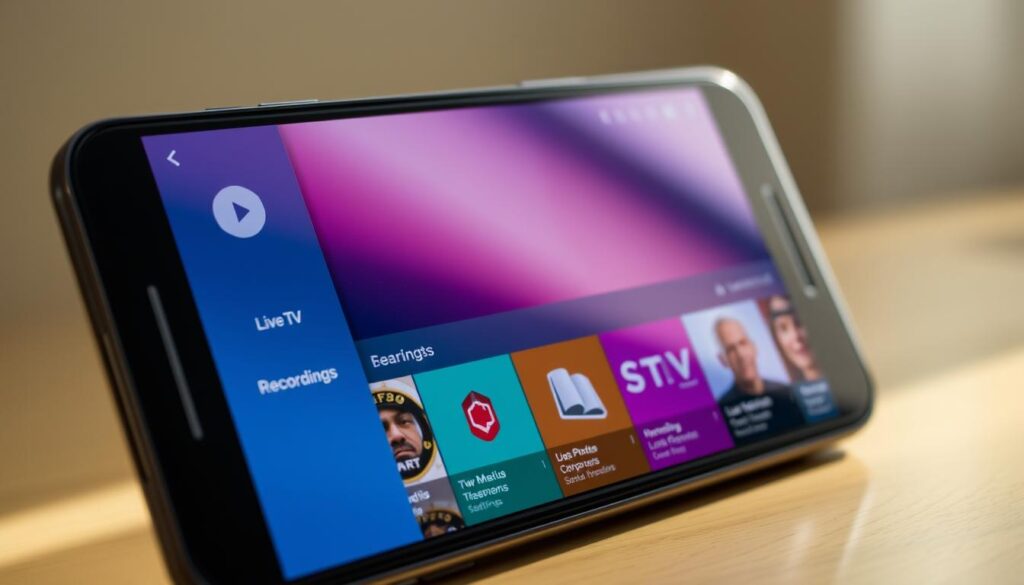 A sleek, modern electronic program guide for the TiviMate app, displayed on a high-resolution Android smartphone screen. The foreground features a clean, intuitive interface with seamless navigation between live TV channels, recordings, and settings. The middle ground showcases a vibrant, color-coded grid layout highlighting various program genres and descriptions. The background depicts a subtle, ethereal gradient evoking a sense of technological sophistication. Lighting is natural and diffused, capturing the device's display in a warm, inviting manner. The overall composition conveys the ease and versatility of using TiviMate to elevate the Android streaming experience.