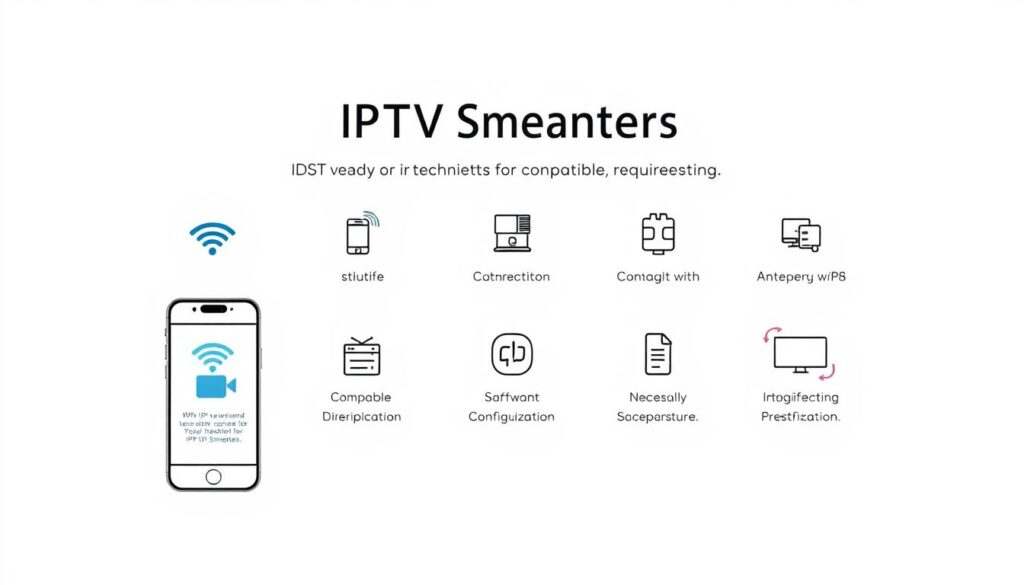 A sleek, modern illustration of the technical requirements for an IPTV Smarters setup on iOS devices. The foreground depicts a stylized iPhone or iPad with a clean, minimalist interface showcasing the IPTV Smarters app. The middle ground features a series of well-organized icons and infographic elements outlining the essential system prerequisites, such as a stable internet connection, compatible hardware, and necessary software configurations. The background is a soft, neutral tone, allowing the key information to take center stage and creating a sense of focus and clarity. The overall composition is balanced, visually appealing, and conveys a professional, informative tone suitable for the specified article section.
