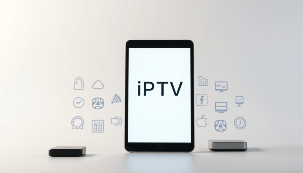 A sleek, modern setup featuring an iOS device, showing the necessary requirements for IPTV service. The device is centered, showcased against a minimalist, light-colored background with subtle gradients. The foreground highlights the device's display, gently lit to showcase the IPTV interface. The middle ground includes various IPTV-related icons and symbols, conveying the technical details required. The background blends seamlessly, creating a clean, professional atmosphere that resonates with the article's subject matter. The overall composition is balanced, drawing the viewer's attention to the key elements needed for IPTV on iOS.