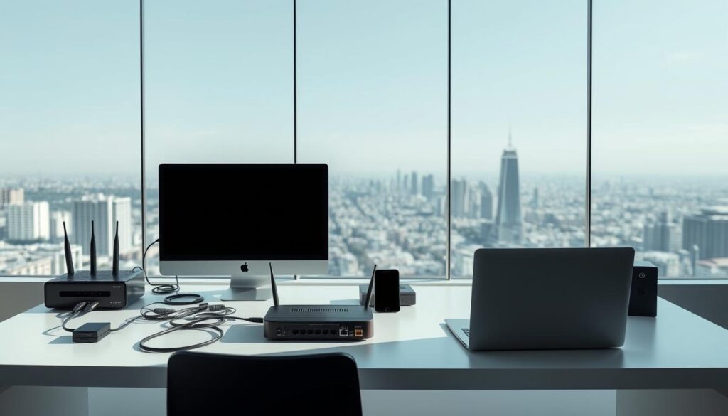 A sleek, modern workspace with a desktop computer, laptop, and smartphone arranged neatly on a minimalist desk. The devices are surrounded by various networking equipment such as a router, modem, and ethernet cables, all in a clean, well-lit environment. The lighting casts soft, even shadows, creating a professional and efficient atmosphere. In the background, a large window overlooking a cityscape provides a sense of connectivity and the importance of a reliable internet connection for the setup. The overall composition emphasizes the technical requirements and preparation needed for a successful Kodi IPTV installation on a Windows/PC system.