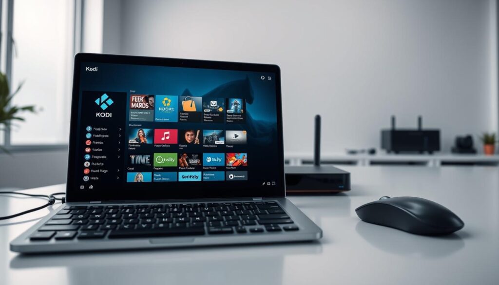 A sleek, modern workstation setup showcasing the Kodi media center interface. In the foreground, a laptop or tablet display prominently features the Kodi home screen, with an intuitive menu system and icons for various media sources. In the middle ground, a high-end wireless keyboard and mouse combo provide seamless control. The background depicts a minimalist, well-lit office environment with clean lines, neutral tones, and subtle security-themed decor elements, such as a network router or firewall device. The overall scene conveys a sense of efficiency, security, and user-friendliness, reflecting the "Configurazione iniziale e impostazioni di sicurezza" section of the article.