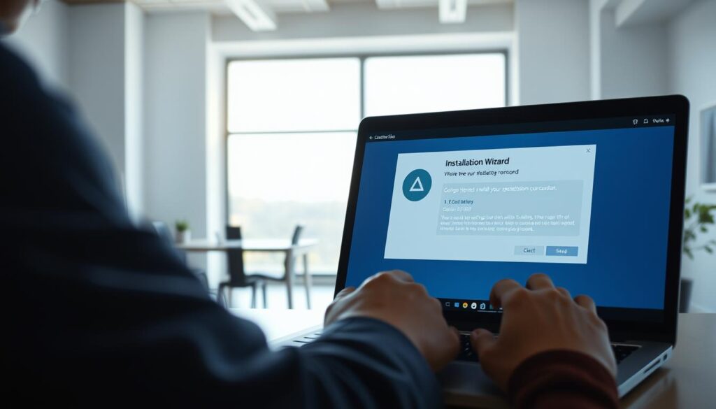 A step-by-step software installation process in a clean, well-lit workspace. In the foreground, a laptop or desktop computer screen displays the installation wizard, guiding the user through each step. The middle ground shows hands interacting with the computer, perhaps clicking through the installation menu or entering required information. The background depicts a modern, minimalist office environment with a large window allowing natural light to flood the scene, creating a bright, productive atmosphere. The overall composition conveys a sense of professionalism, clarity, and efficiency in the software installation procedure.