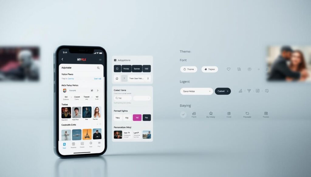 A stylish and customizable mobile app interface for streaming services, showcasing a sleek and modern design with adjustable layout, color schemes, and personalized icons. The foreground features the app's main screen, with crisp UI elements and a clean, minimalist aesthetic. The middle ground depicts various customization options, such as theme selection, font adjustments, and button configurations. The background subtly hints at the app's functionality, with subtle visual cues related to streaming content. The overall mood is one of elegant simplicity, empowering the user to tailor the app to their preferences for an enhanced viewing experience.