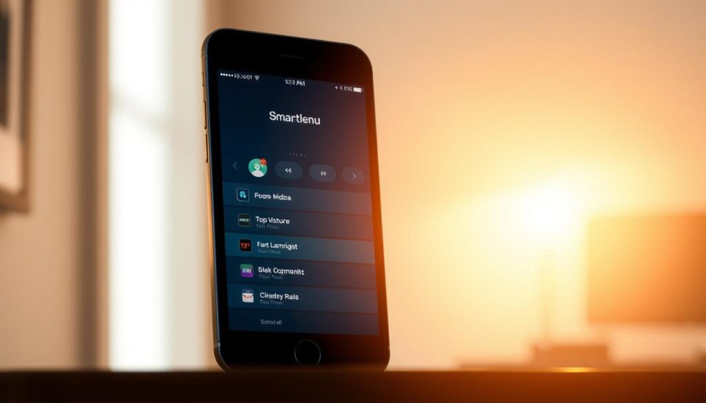 A stylized and detailed illustration of an iPhone or iPad screen displaying the IPTV Smarters app interface. The screen is illuminated by soft, warm lighting from the side, casting subtle shadows and highlights. The app's main menu, with its intuitive navigation and visual elements, is prominently featured in the center of the frame. The background is blurred, suggesting a clean, minimalist setting that allows the app interface to be the focal point. The overall mood is one of simplicity, elegance, and ease of use, reflecting the app's purpose of providing a seamless IPTV viewing experience on iOS devices.