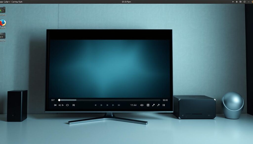 A well-lit and detailed screenshot of an optimal Linux streaming configuration, with a sleek and minimalist user interface. The foreground features a central media player window, showcasing a high-quality video stream. The middle ground displays a clean and organized array of controls, including playback options, volume settings, and network connectivity indicators. The background shows a subtle, textured wallpaper or desktop environment, complementing the overall aesthetic. The lighting is soft and balanced, creating a professional and polished appearance. The angle and perspective provide a clear and comprehensive view of the setup, making it easy to understand and replicate.