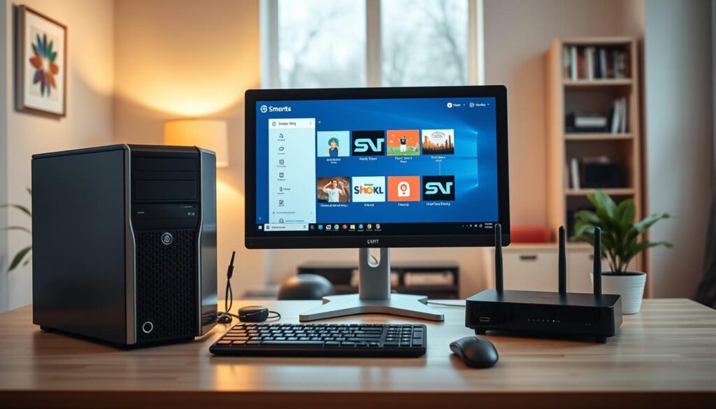 A well-lit desktop setup showcasing the technical requirements for running IPTV Smarters on a Windows PC. In the foreground, a modern desktop computer with a sleek tower case and a high-resolution monitor displaying the IPTV Smarters interface. The middle ground features peripheral devices like a wireless keyboard and mouse, a high-speed internet router, and a streaming media player. The background subtly depicts a cozy home office setting with bookshelves and a potted plant, conveying a sense of comfort and productivity. The overall scene radiates a clean, professional atmosphere, highlighting the necessary technical specifications for seamless IPTV streaming on a Windows-based system.