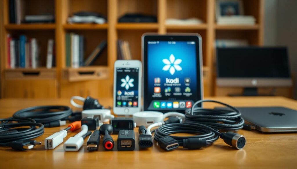 A well-lit, detailed tabletop scene depicting the necessary tools and equipment for installing Kodi on iOS devices. In the foreground, a selection of cables, adapters, and connectors in various colors and shapes are neatly arranged. In the middle ground, an iPhone and an iPad stand upright, their screens displaying the Kodi interface. In the background, a blurred bookshelf or shelving unit suggests a home office or workspace setting. The overall mood is one of organization and readiness, conveying the sense that the viewer has everything they need to successfully install Kodi on their iOS devices.