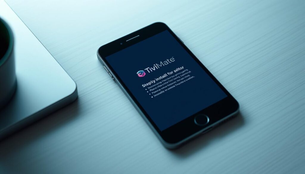 A well-lit, high-angle shot of a smartphone or tablet display showing the setup screen for the TiviMate app. The background is a clean, minimalist workspace with subtle textures, perhaps a wooden desk or a plain table. The device is centered in the frame, its screen clearly visible, displaying the TiviMate logo and the step-by-step installation instructions. The lighting is soft and natural, creating a calm, inviting atmosphere that encourages the viewer to follow along with the setup process. The composition is balanced, with the device taking up a significant portion of the frame, while leaving enough negative space to convey a sense of simplicity and focus.