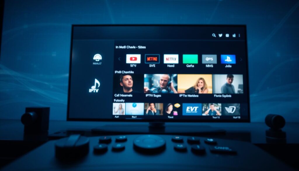 A well-lit, modern media player interface showcasing a variety of IPTV streaming options. The foreground features sleek, intuitive controls and a visually appealing display of channels and content. The middle ground highlights a clean, minimalist design with a focus on user-friendliness. The background subtly conveys a sense of technology and connectivity, with subtle grid patterns or abstract shapes that complement the overall aesthetic. The image should evoke a professional, high-quality media experience suitable for an IPTV tutorial.