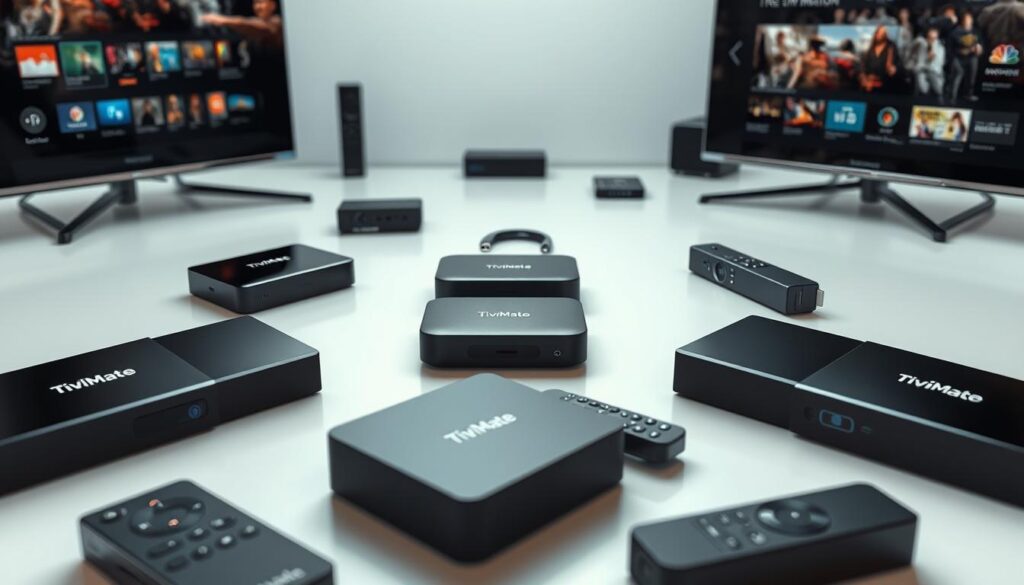 Detailed image of an array of compatible devices for the TiviMate media player app. A well-lit, high-resolution closeup view showcasing a variety of smart TV models, TV boxes, and streaming sticks, each with clear labels indicating their TiviMate compatibility. The devices are arranged neatly on a clean, minimalist surface, allowing the viewer to easily assess the range of hardware options. The lighting is soft and even, highlighting the textures and designs of the tech products. The overall mood is informative and practical, conveying the necessary information to users preparing to install TiviMate on their home entertainment setups.