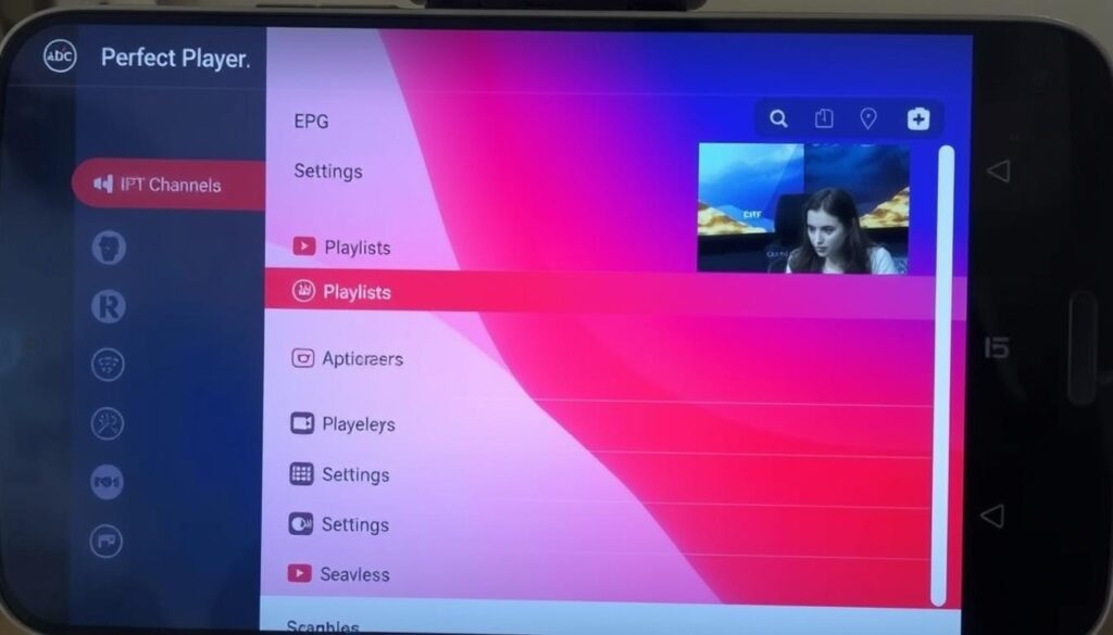 Detailed interface of a Perfect Player IPTV app, showcasing the configuration of playlists and EPG. A modern, clean user interface with intuitive controls, displaying a neatly organized list of IPTV channels, streamlined settings, and seamless EPG integration. The layout is visually appealing, with a balanced use of white space, clear iconography, and a calming color palette. The scene is captured in a high-resolution, well-lit photograph, emphasizing the app's polished and professional aesthetic, suitable for a guide on setting up Perfect Player for Android devices.