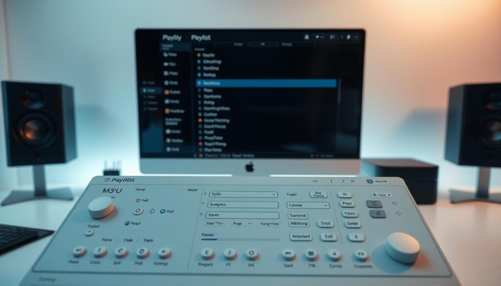Detailed technical configuration interface for the M3U playlist, set against a sleek and modern desktop environment. In the foreground, the M3U playlist editor with clean, intuitive controls. In the middle ground, various configuration settings and options for customizing the playlist. The background features a stylish, minimalist computer setup with a large monitor, providing a sense of professionalism and productivity. Soft, directional lighting enhances the clarity and legibility of the interface elements. The overall tone is one of efficiency, organization, and seamless media management.
