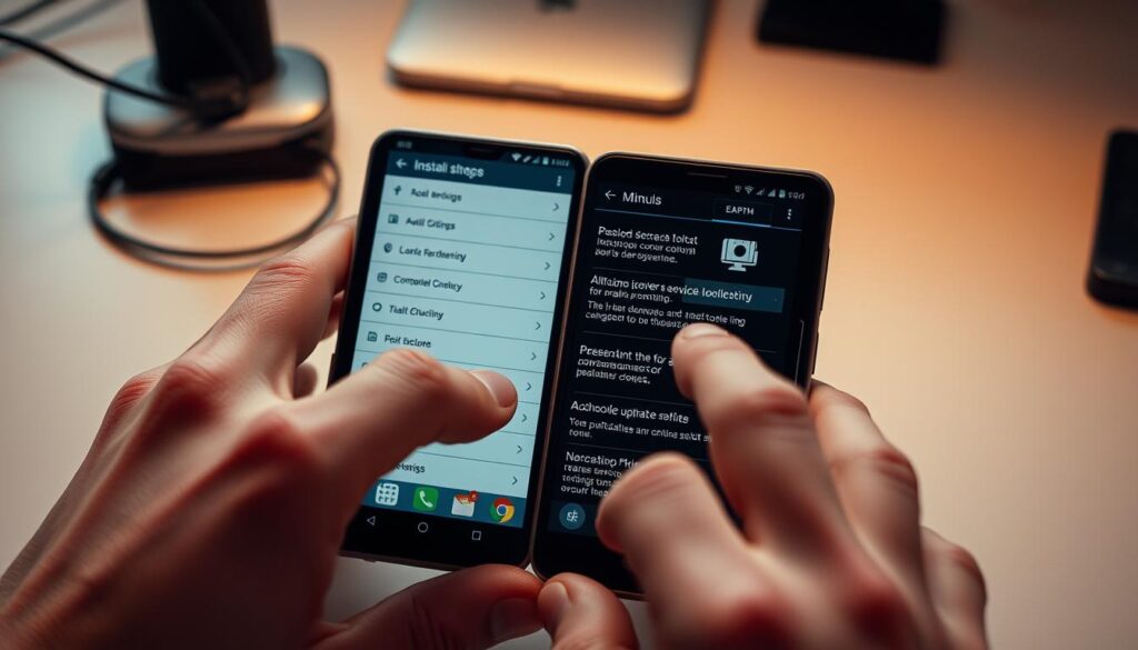 Procedural Android installation: A detailed step-by-step guide showcasing the process of setting up an Android device. The image should feature a clean, well-lit workspace with an open Android smartphone and various UI elements displayed on the screen, such as settings menus, installation wizards, and software interfaces. The foreground should emphasize the hands manipulating the device, while the background provides a sense of depth and context, perhaps with subtle outlines of other electronic devices or a minimalist workspace. The overall atmosphere should convey a sense of technical proficiency, clarity, and user-friendliness, guiding the viewer through the installation process.