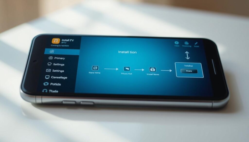 Procedural installation app iptv: A sleek, modern interface displayed on a mobile device screen, showcasing the step-by-step process of installing an IPTV app. The foreground features the app's primary functions and settings, with intuitive icons and menus. The middle ground highlights the installation flow, guiding the user through each stage with clear visual cues. The background depicts a minimalist, clean design aesthetic, emphasizing the app's user-friendly experience. Soft, natural lighting illuminates the scene, creating a sense of clarity and professionalism. The overall composition conveys a seamless, straightforward approach to IPTV app installation.