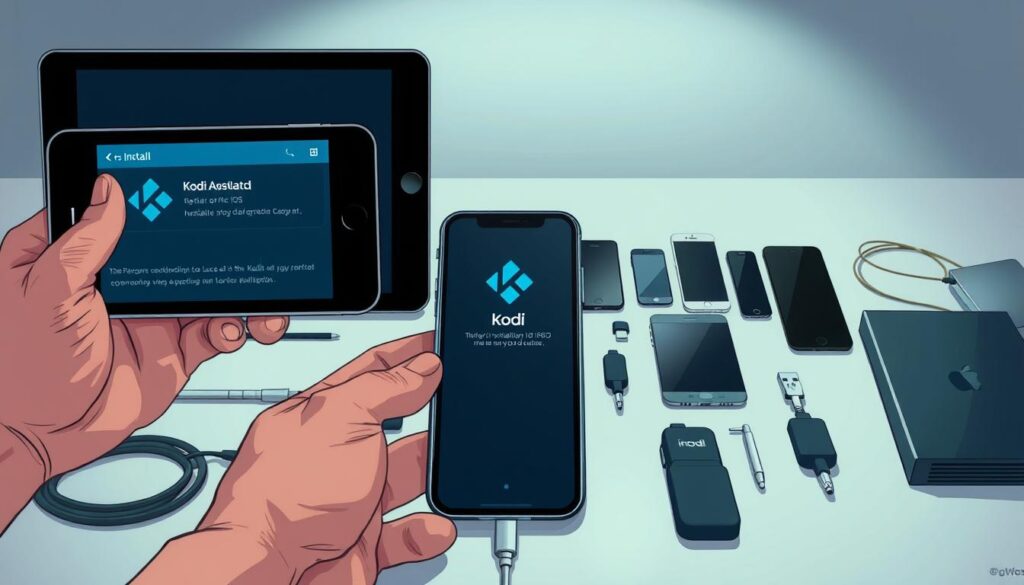 Prompt An artful and detailed illustration depicting the step-by-step process of installing Kodi on an iOS device. The foreground shows a hands-on tutorial, with an iPhone or iPad displayed prominently, the screen showing the Kodi installation interface. The middle ground features various iOS device models, cables, and installation tools neatly arranged, conveying a sense of organization and technical expertise. The background depicts a minimalist, clean workspace with hints of technology, creating a calm and focused atmosphere. The lighting is soft and diffused, highlighting the details and textures of the devices and accessories. The overall composition is balanced, drawing the viewer's attention to the central installation process.