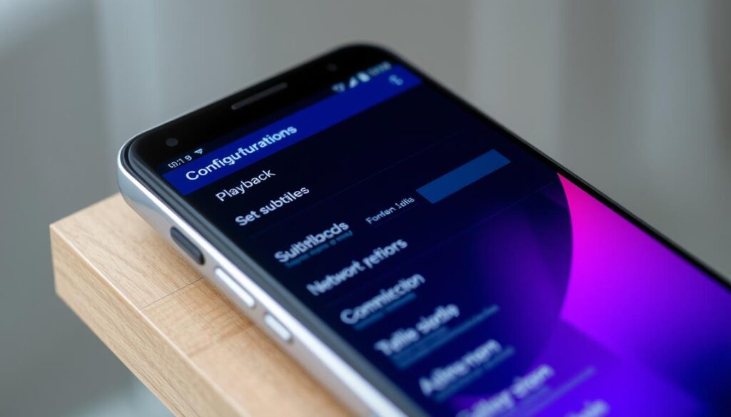 A beautifully designed Android smartphone screen displaying the configuration menu of the Perfect Player media app. The foreground features the sleek, intuitive user interface with clearly labeled settings options such as playback, subtitles, and network preferences. The middle ground showcases the app's elegant dark theme with vibrant accent colors, providing a visually pleasing and comfortable viewing experience. The background subtly blurs, drawing the focus to the app's core functionality. The overall composition conveys a sense of professionalism, attention to detail, and a seamless integration of technology and user experience.