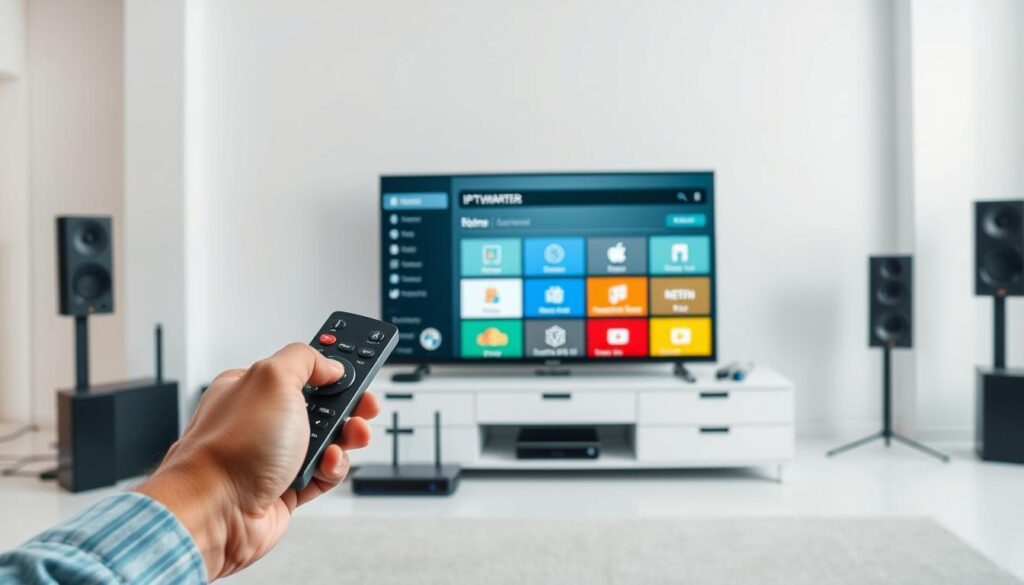 A bright, well-lit studio setting with a smart TV screen displaying the IPTV Smarters app's main interface. In the foreground, a hand holds a remote control, poised to navigate the app's menus. The middle ground features various electronic devices, such as a modem, router, and set-top box, arranged neatly. The background showcases a minimalist, modern home entertainment space with clean lines and neutral tones. The overall atmosphere conveys a sense of focus and preparedness, reflecting the "Preparazione alla configurazione: impostazioni iniziali" section of the article.