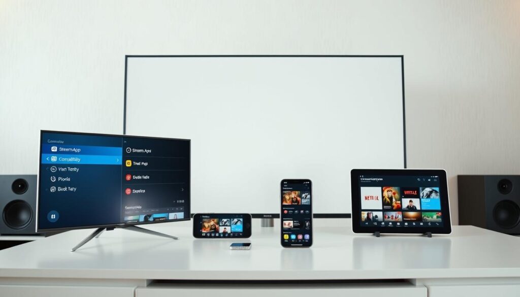 A clean, well-lit room with modern smart devices arranged neatly on a sleek, minimalist desk. In the foreground, a smart TV screen displays a menu with streaming app compatibility options. In the middle ground, a smartphone and tablet showcase their respective streaming service interfaces. The background features a neutral, lightly textured wall, creating a calm, professional atmosphere. The lighting is soft and diffused, highlighting the screens and devices. The overall composition conveys a sense of technological harmony and seamless connectivity.