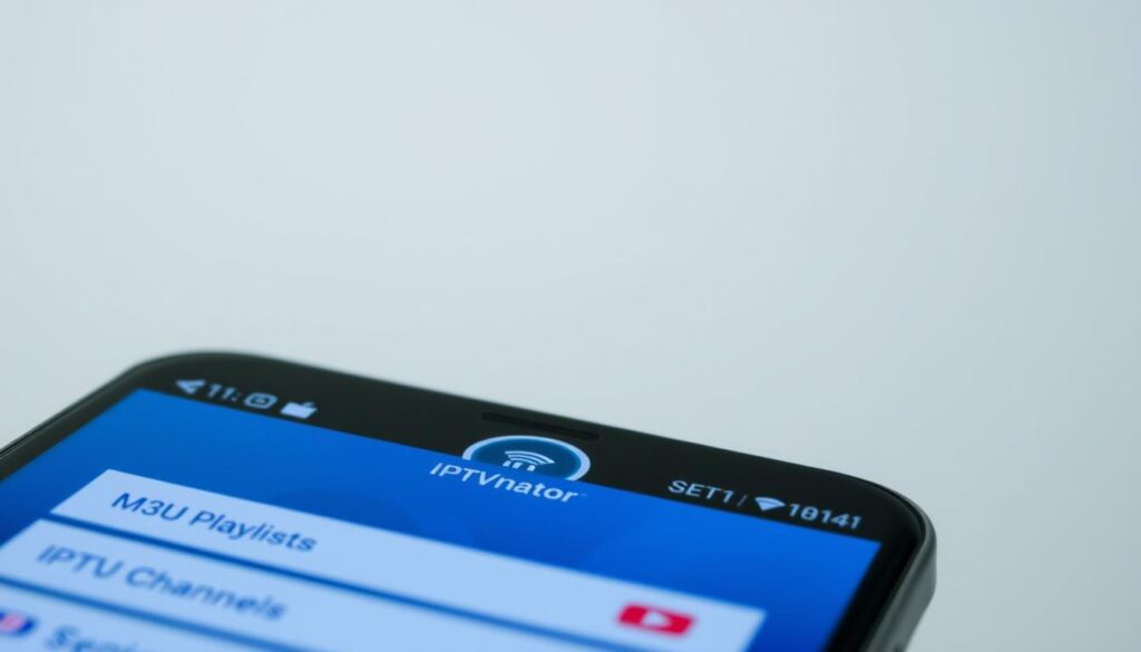 A close-up view of an Android smartphone screen displaying the IPTVnator app interface. The foreground shows the app's main menu with clearly labeled sections like "M3U Playlists", "IPTV Channels", and "Settings". The middle ground features a detailed illustration of the app's logo and branding elements. The background has a subtle, blurred gradient that suggests a high-tech, futuristic atmosphere. The lighting is soft and diffused, creating a clean, modern aesthetic. The camera angle is slightly elevated to provide an immersive, user-centric perspective. The overall composition aims to showcase the app's key features and convey a sense of functionality, accessibility, and cutting-edge technology.