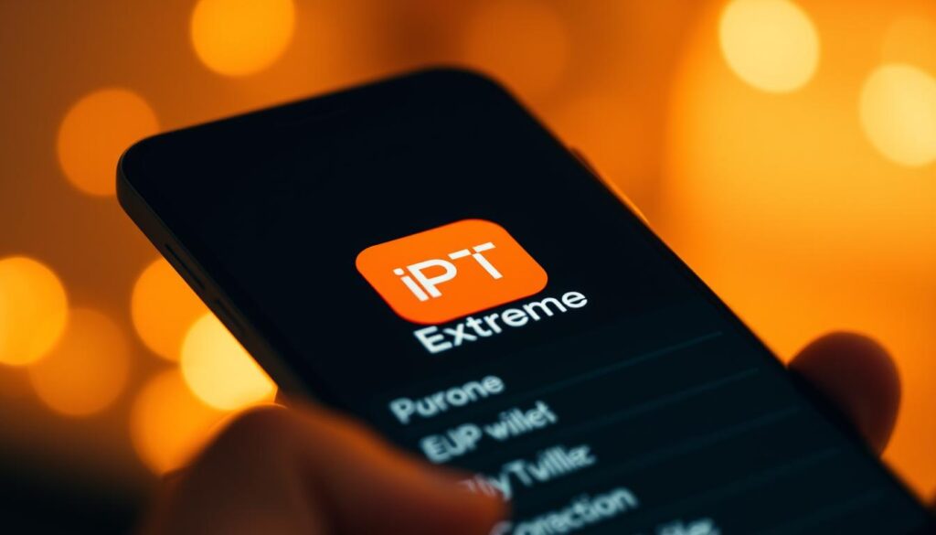 A closeup view of a smartphone screen displaying the IPTV Extreme app interface, with a minimalist and modern design. The app logo and menu options are clearly visible, conveying a sense of ease and functionality. The screen is bathed in a warm, soft lighting that creates a cozy, inviting atmosphere. The background is blurred, keeping the focus on the app display. The overall composition suggests a straightforward and user-friendly experience for installing and using the IPTV Extreme app on an Android or smartphone device.