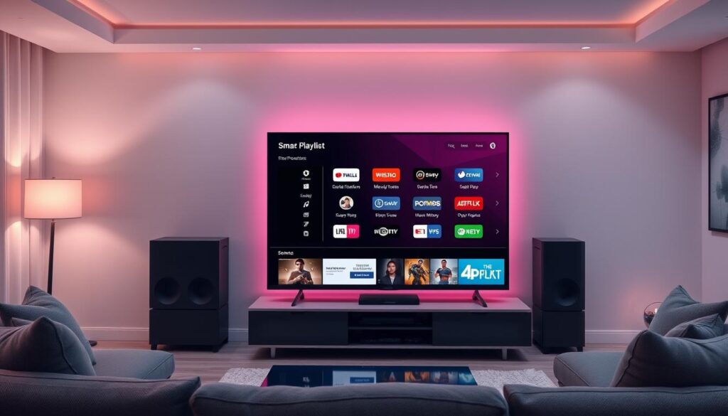 A cozy living room setting with a large smart TV screen displaying the Smart IPTV app interface. The screen shows a customized playlist configuration, with various channel icons and options neatly arranged. Soft ambient lighting creates a warm, inviting atmosphere, while the room is furnished with modern, minimalist decor elements such as a sleek entertainment center and plush seating. The composition emphasizes the simplicity and user-friendliness of the Smart IPTV app, showcasing its intuitive layout and personalization capabilities.