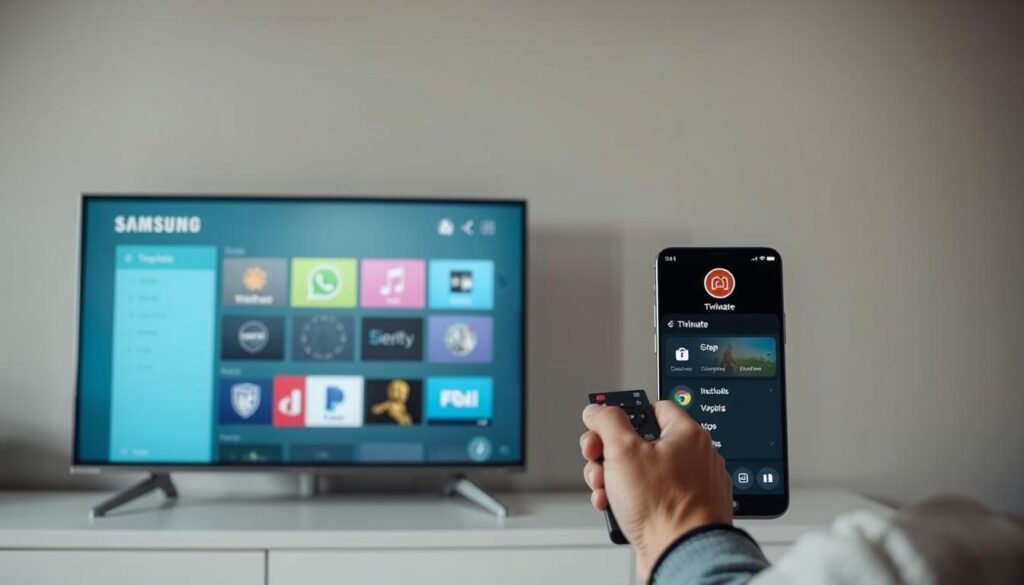 A detailed, step-by-step installation of TiviMate on a Samsung Smart TV. The scene depicts the installation process, showcasing the Samsung TV interface, remote control, and the TiviMate app UI. The lighting is soft and natural, creating a calm, informative atmosphere. The camera angle is slightly elevated, providing a clear, comprehensive view of the installation workflow. The layout is well-organized, guiding the viewer through the key steps. Technical details such as button presses and menu selections are visible, but the overall focus remains on the end-to-end installation experience.