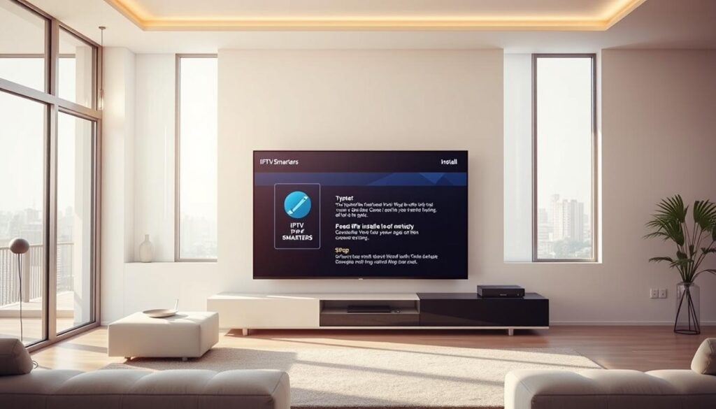 A detailed, step-by-step tutorial on how to install IPTV Smarters on a smart TV. The image shows a modern, minimalistic living room with a large flatscreen TV in the center. On the TV screen, the IPTV Smarters interface is displayed, with clear instructions and icons guiding the user through the installation process. The room is brightly lit with warm, natural lighting streaming in through large windows, creating a calming, inviting atmosphere. The scene conveys a sense of simplicity and ease, reflecting the straightforward nature of the installation process described in the article.